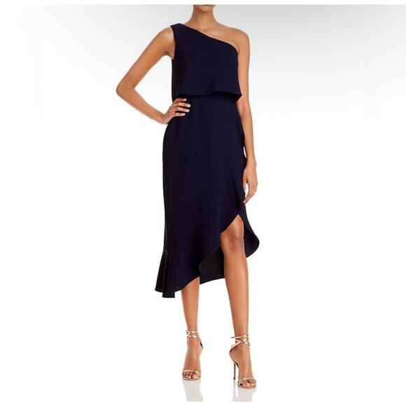 AQUA Dress Size 4 Stretch Crepe One Shoulder Navy Formal Midi Cocktail Evening - Picture 1 of 16